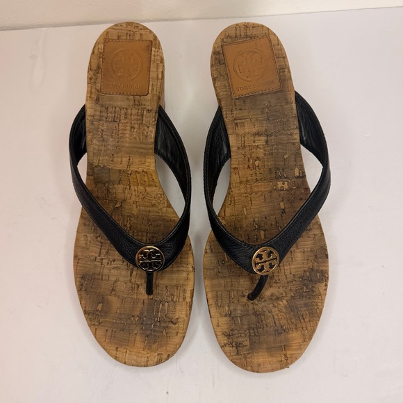 Tory Burch Thora Cork Wedge Thong Sandals Black Leather Logo Size 9 - Picture 2 of 9